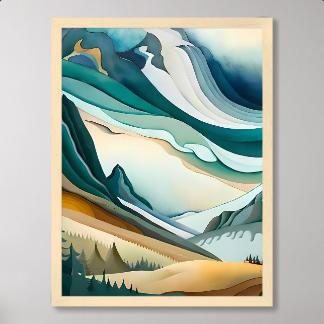 Poster pintura de montanha pinheiro abstrato azul-turvo (mountain painting abstract blue cloudy pine tree)