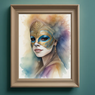 Poster Pintura de Mulher Aquarela Vestindo Máscara Venezi