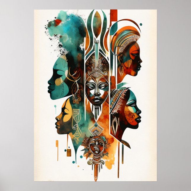 Poster Pintura de mulheres tribais africanas, arte contem (Frente)