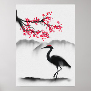 Poster Pintura de Muro com Sakura e Heron