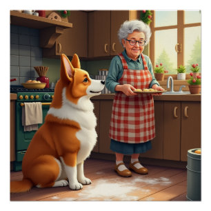 Pôster Pintura de Natal da Corgi Assando com a Vovó