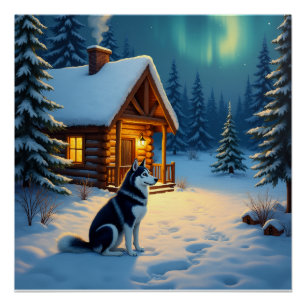 Pôster Pintura de Natal de Cabana Nevada com Husky Siberi