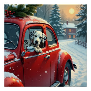 Pôster Pintura de Natal de um Dalmatiano em um Carro com