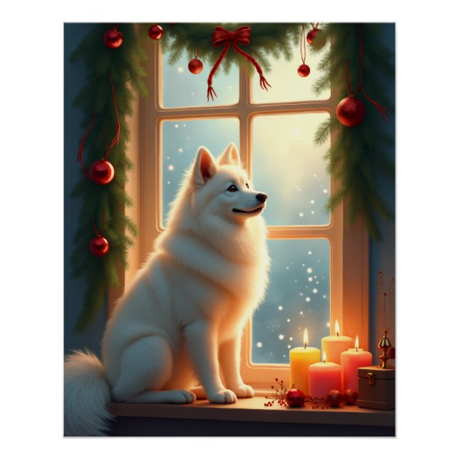 Pôster Pintura de Natal do Samoyed sob o Azevinho (Frente)