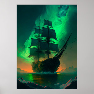 Poster Pintura de nave fantasma com brilho solar verde