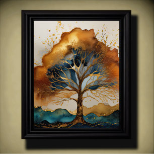 Poster Pintura de Paisagem Abstrata Dourado Ferrugem Azul