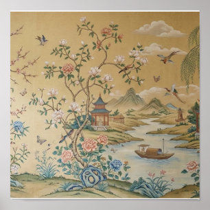 Poster Pintura de Paisagem Asiática Vintage Chinoiserie