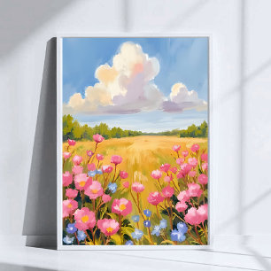 Poster Pintura de Paisagem de Campo de Flor Rosa