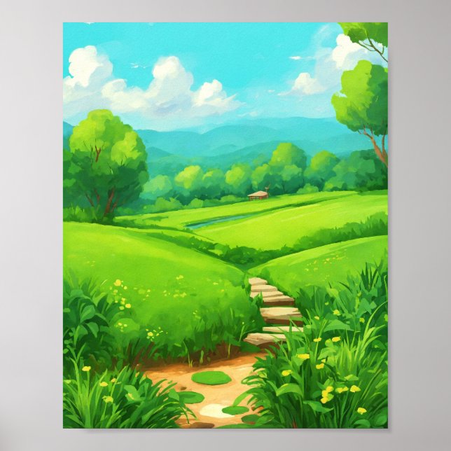 Poster Pintura de Paisagem de Campo de Grama do Estilo de (Frente)