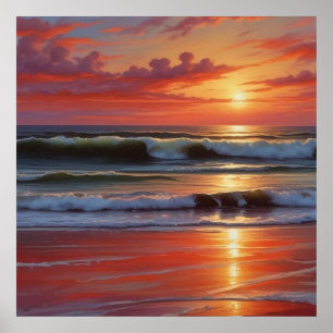 Poster Pintura de paisagem marinha do pôr do sol vermelho