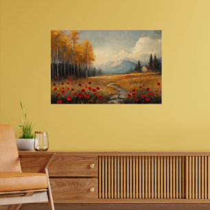 Poster Pintura de Prado de Outono Vintage com Papoulas