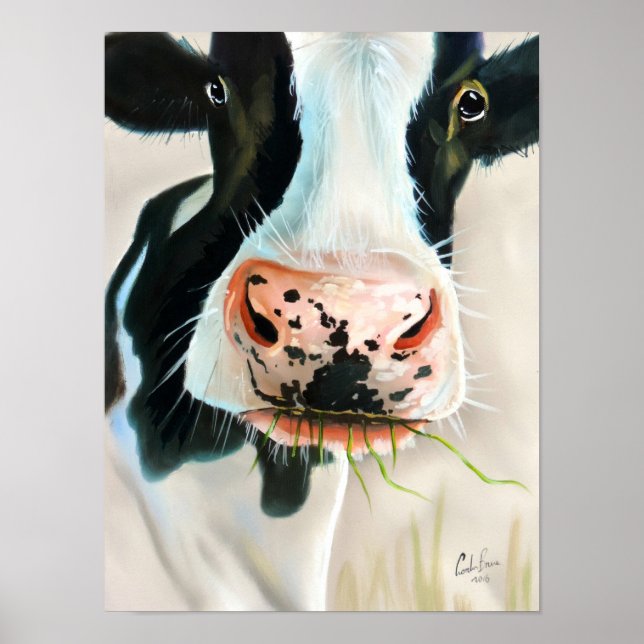 Poster Pintura de retrato de vaca branca e negra (Frente)