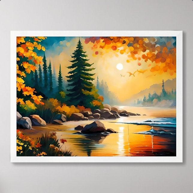 Poster pintura de rio pinheiros rochosos no outono à tard (river painting rocky pine forest autumn afternoon)