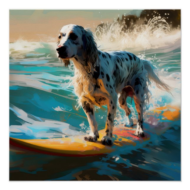 Pôster Pintura de surf em lanterna inglesa setter Beach (Frente)