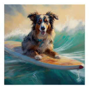 Pôster Pintura de Surf na Praia do Australian Shepherd