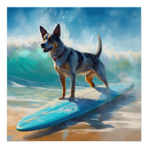Pôster Pintura de Surfe em Praia Blue Heeler