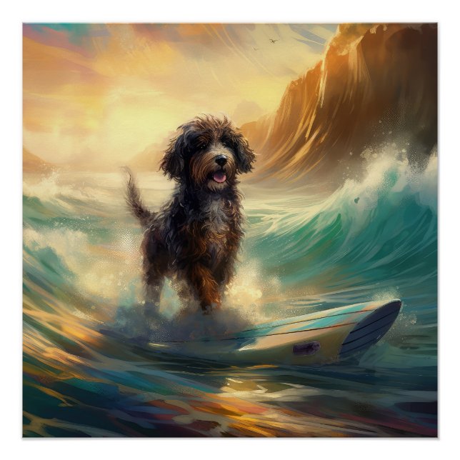 Pôster Pintura de surfe na praia de Bernedoodle (Frente)