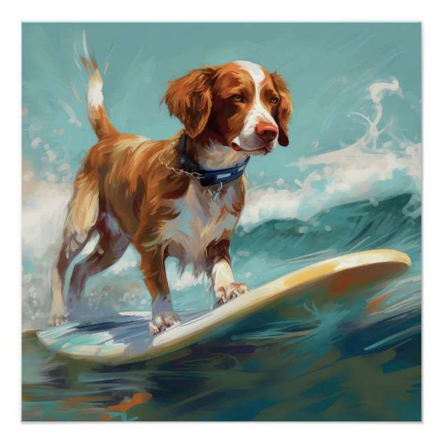 Pôster Pintura de surfe na praia de Brittany Spaniel (Frente)