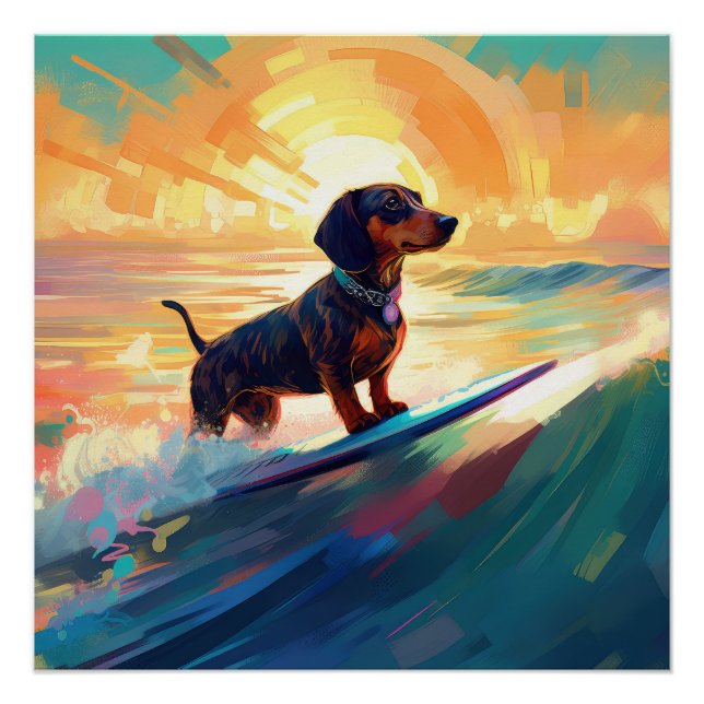 Pôster Pintura de surfe na praia de Dachshund (Frente)