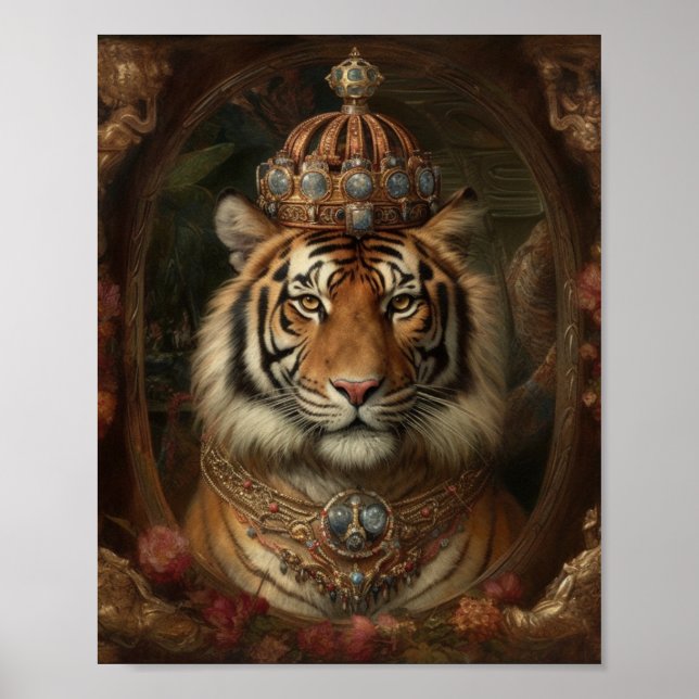 Poster Pintura de tigre com coroa e flores (Frente)