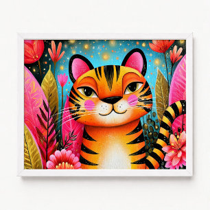 Poster Pintura de Tigre Laranja Floral Rosa
