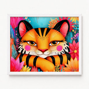 Poster Pintura de Tigre Laranja Floral Rosa Sorridente