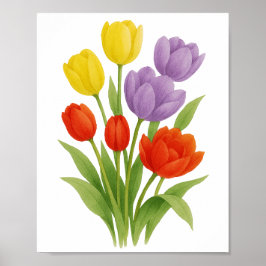Poster Pintura de Tulipas Amarelas Vermelhas Roxas Arte F