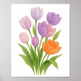 Poster Pintura de Tulipas Roxas e Laranja Arte Floral de