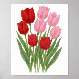 Poster Pintura de Tulipas Vermelhas e Rosas Arte Floral d