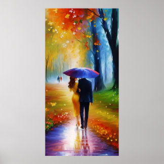 Poster pintura de um casal andando na chuva