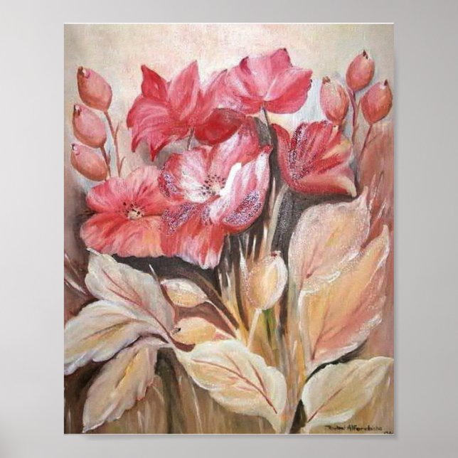 Poster Pintura de uma floral em papoila rosa-escura (Frente)