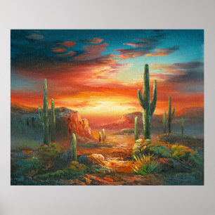 Pôster Pintura de uma pintura colorida do por do sol do