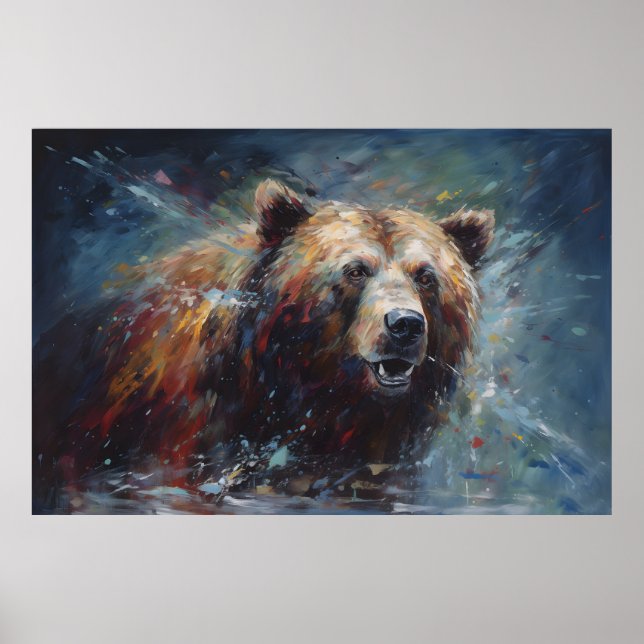 Poster Pintura de Urso Marrom no Retrato Selvagem (Frente)