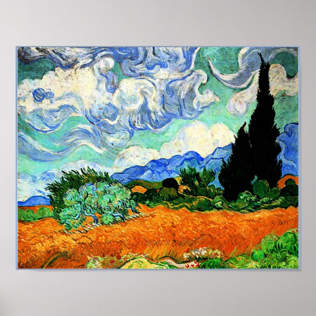 Poster Pintura de Van Gogh, Wheatfield com Cypress Tree (Frente)