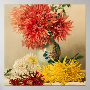 Poster Pintura de Vaso de Cerâmica com Flores de Crisânte