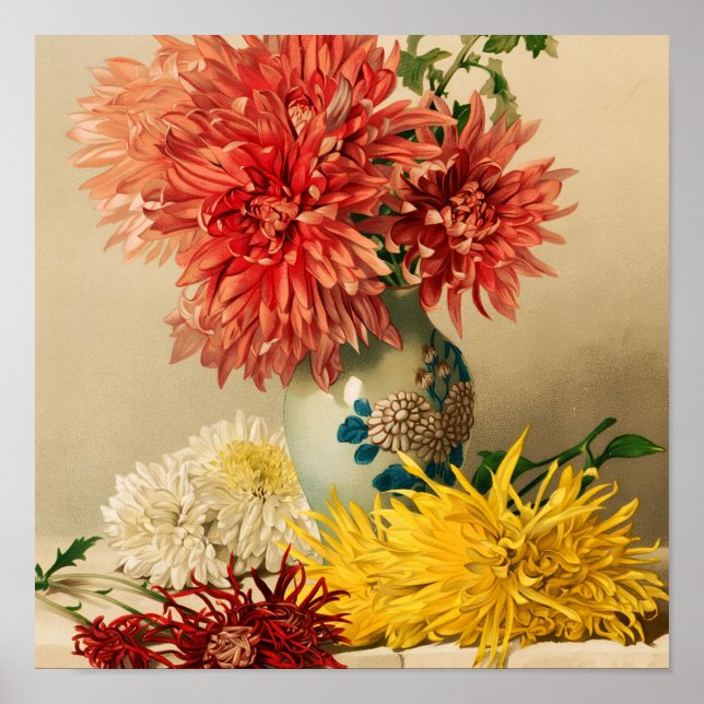 Poster Pintura de Vaso de Cerâmica com Flores de Crisânte (Frente)