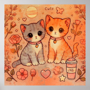Poster Pintura decorativa estética de casal de gato adorá