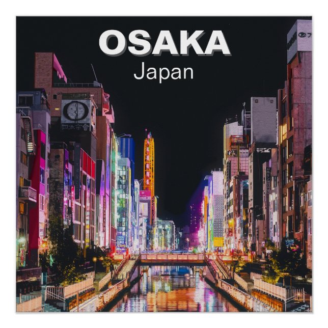 Pôster Pintura digital de Osaka Japão à noite (Frente)