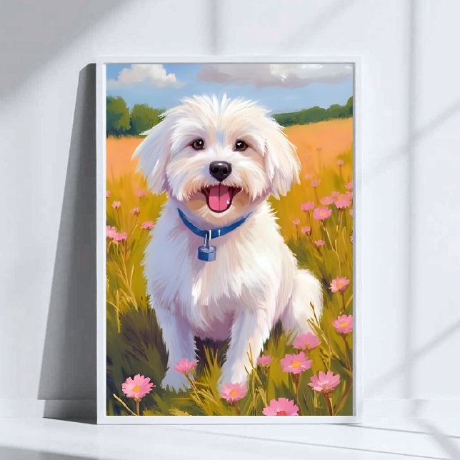 Poster Pintura do Campo de Flores do Cão Maltês (Criador carregado)