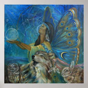 Pôster Pintura do coelho da coruja do lobo do nativo