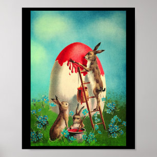Poster Pintura do Coelho de Páscoa Retro Vintage Cesta de