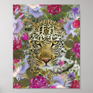 Poster Pintura do Leopardo Safari Selvagem Floral