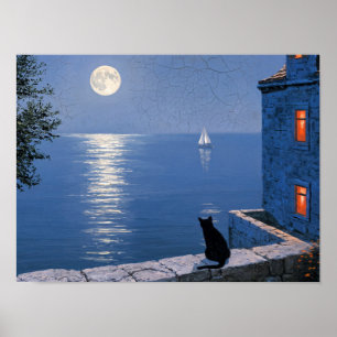 Poster Pintura do Mar ao Luar com Gato Preto