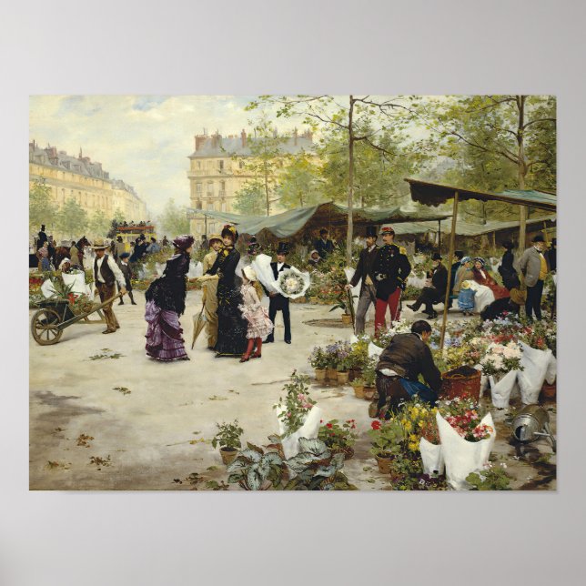 Poster Pintura do mercado de flores em Paris (antiga arte (Frente)