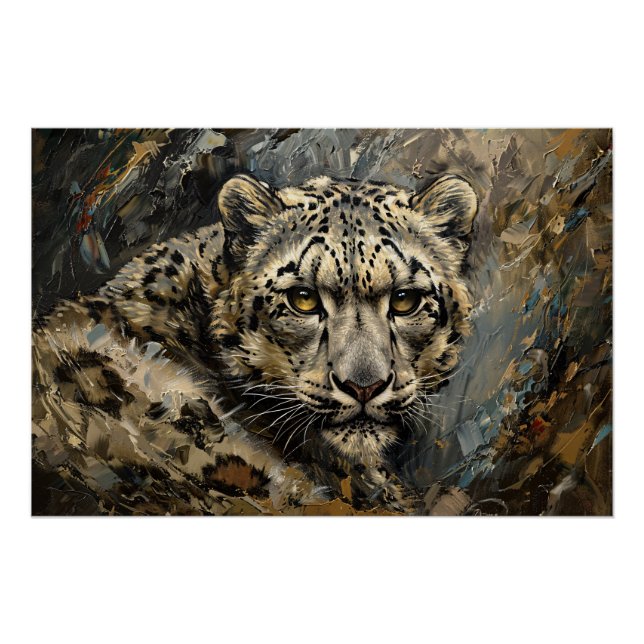 Pôster Pintura do óleo de Leopardo da Neve (Frente)