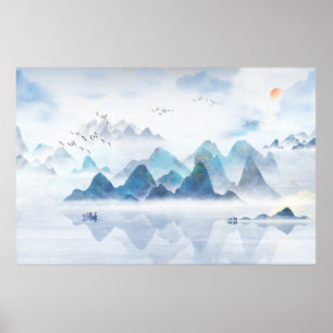 Poster Pintura do rio Distante da Montanha Chinesa