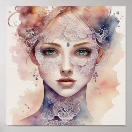 Poster Pintura do Rosto de Aquarela Mulher