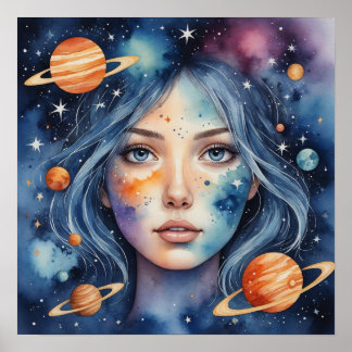 Poster Pintura do Rosto de Aquarela Mulher