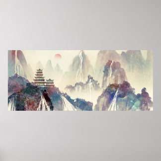 Poster Pintura do Templo de Montanha Chinesa