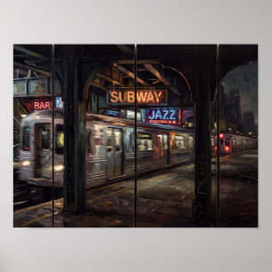 Poster Pintura do Trem Elevado de Nova York à Noite